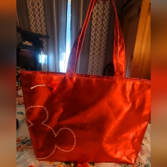 Walt Disney Parks Red Metallic Mickey Mouse Tote Bag Rhinestones 2012 Reversible - Picture 2 of 13